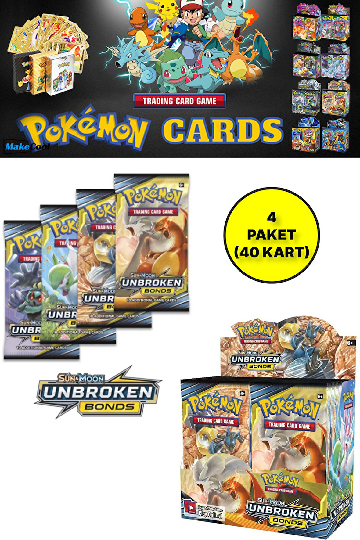 Pokemon Oyun Kartı TCG Sun & Moon Unbroken Bonds Booster Pack - 4 Paket (40 KART)