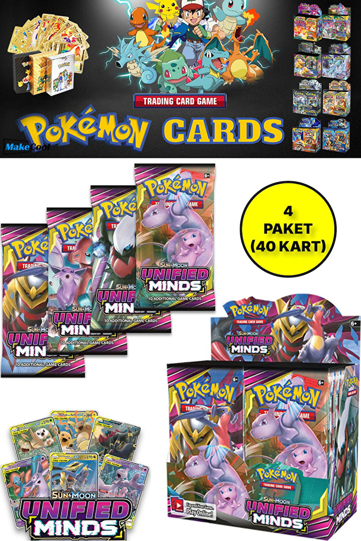 Pokemon Oyun Kartı TCG Sun & Moon Unified Minds Booster Pack - 4 Paket (40 KART)