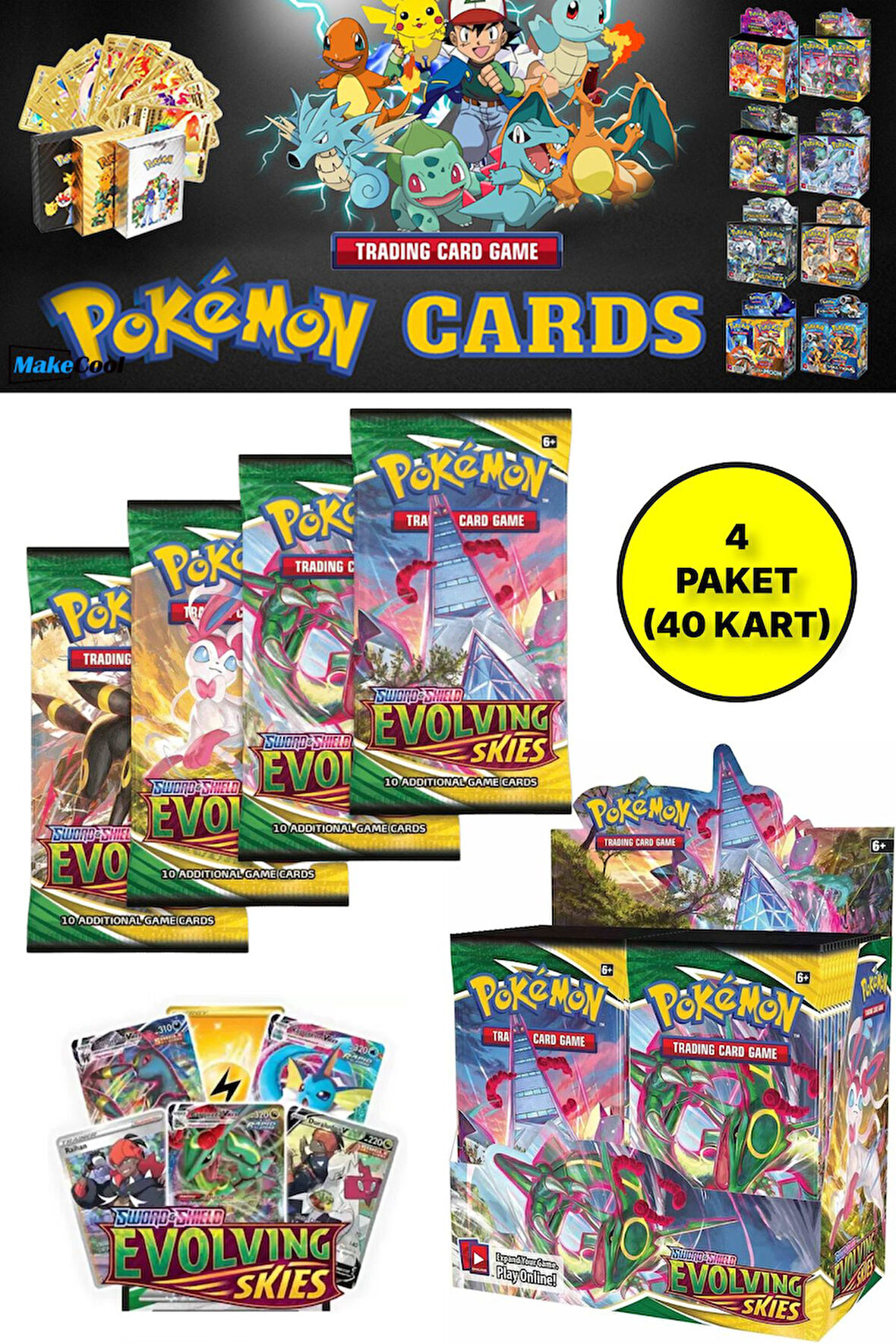 Pokemon Oyun Kartı TCG Sword&Shield Evolving Skies Booster Pack - 4 Paket (40 KART)