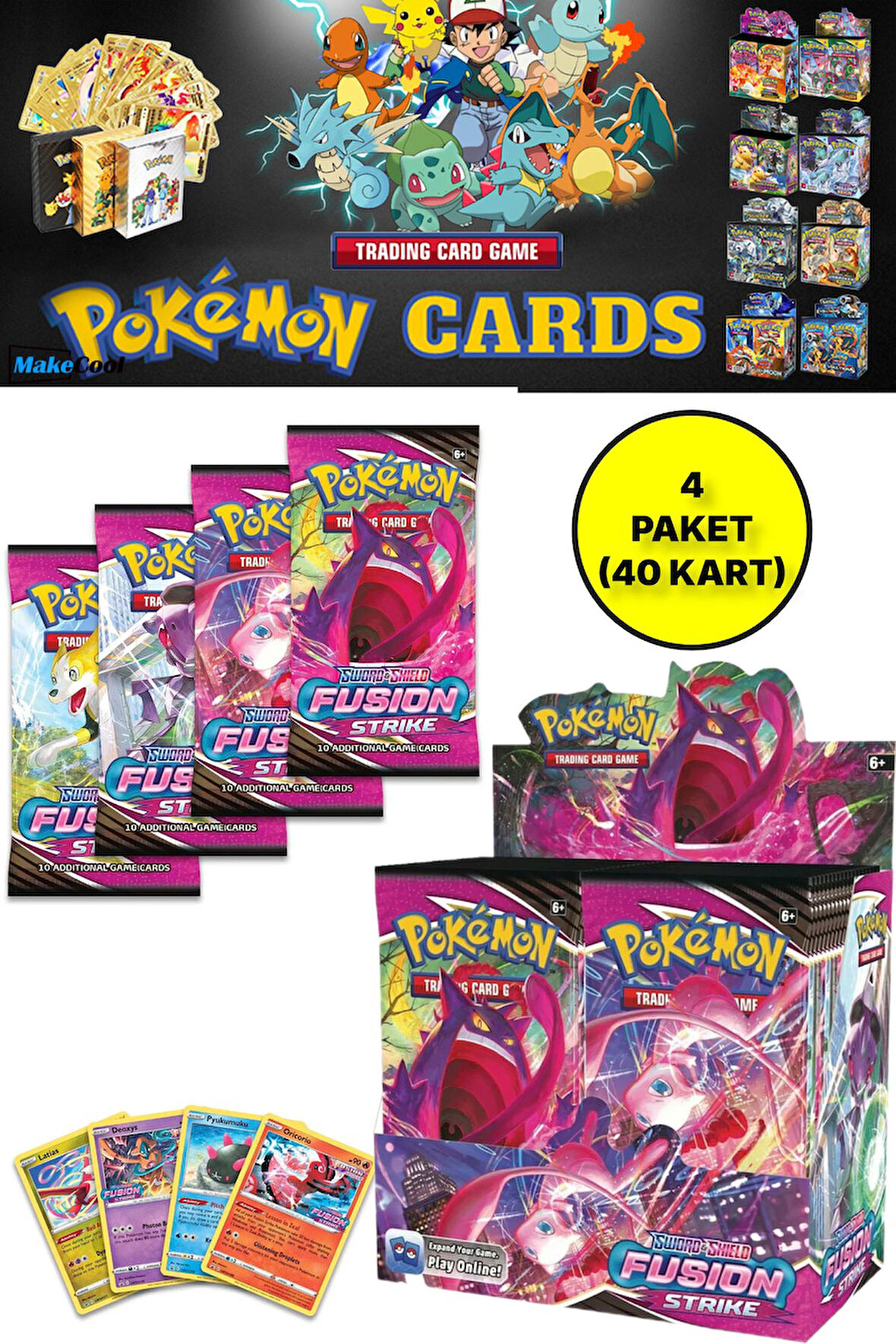 Pokemon Oyun Kartı TCG Sword&Shield Fusion Strike Booster Pack - 4 Paket (40 KART)
