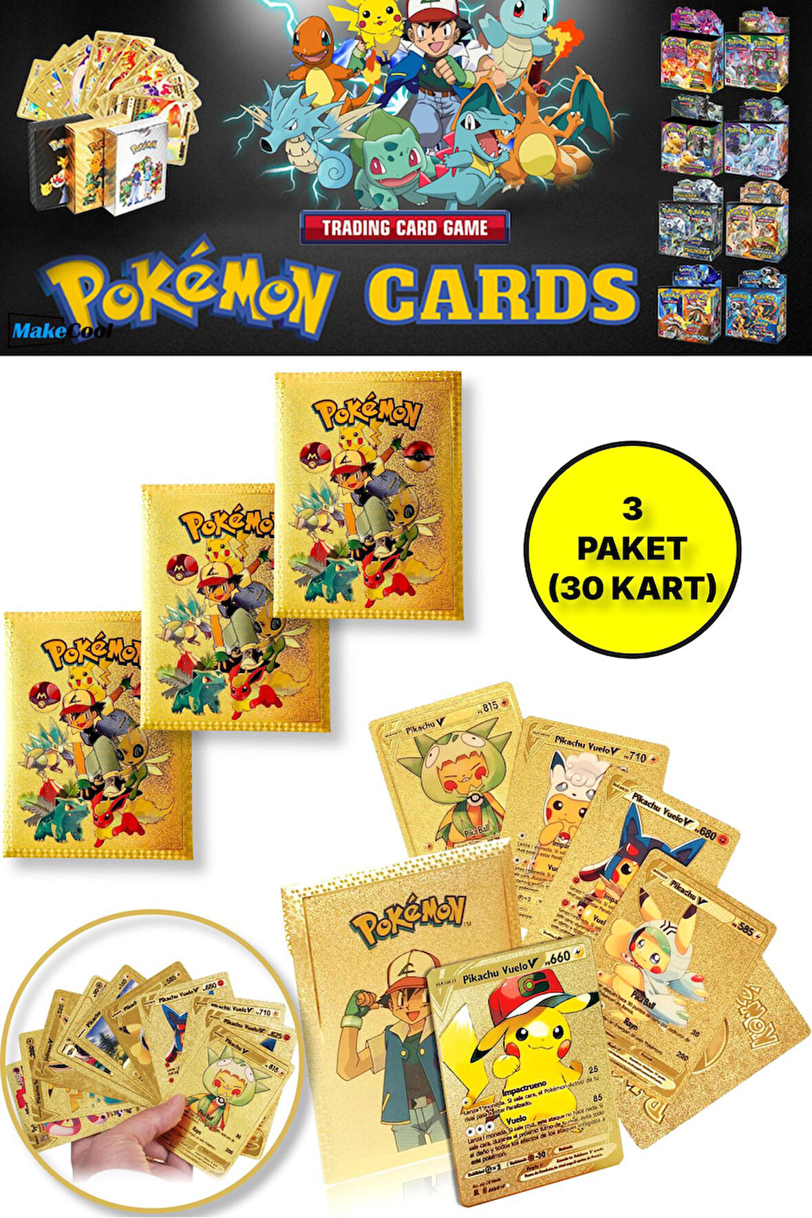 Pokemon Oyun Kartı TCG Gold Booster Pack - 3 Paket (30 KART)