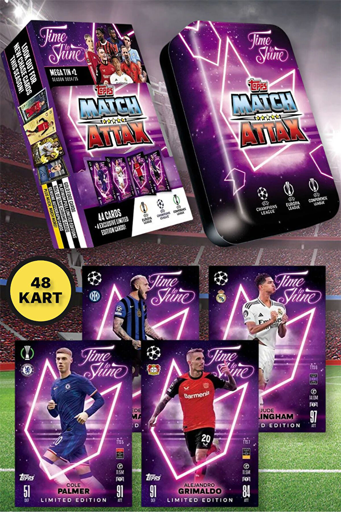Topps Match Attax 24-25 UEFA Metal Kutulu Futbolcu Kartları Mega Tin Box - 48 Kart (Mor Kutulu)