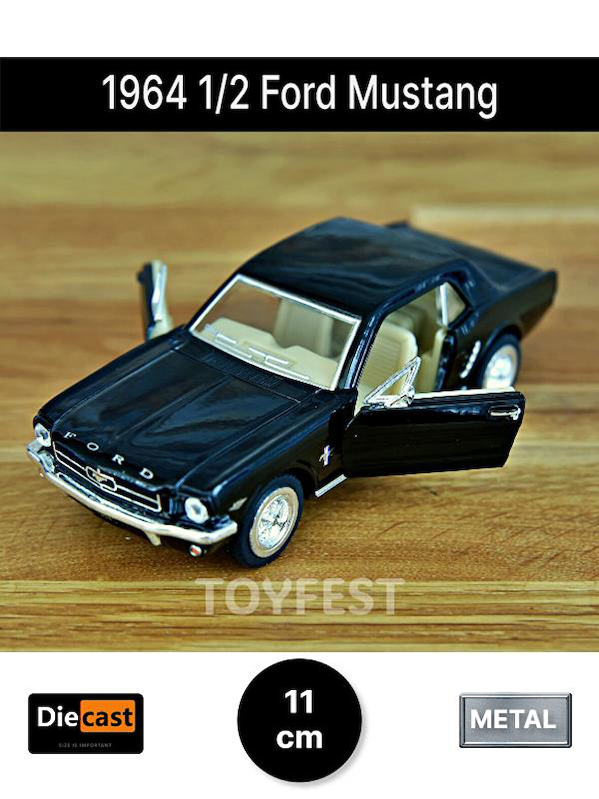 1964 1/2 FordMustang Çek Bırak Die - Cast Kapıları Açılabilen Metal Model Araba - Siyah 11.5 cm