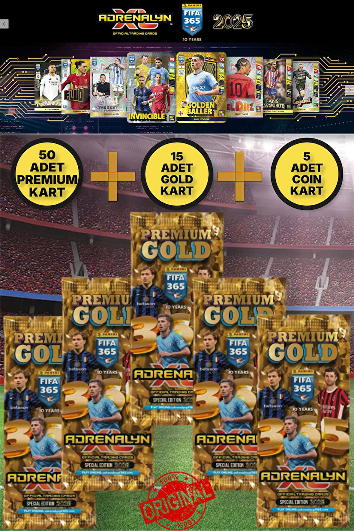 Panini Adrenalyn Fifa 365 - 2025 Premium Gold Card - Özel Futbolcu Kartları - 5 PAKET