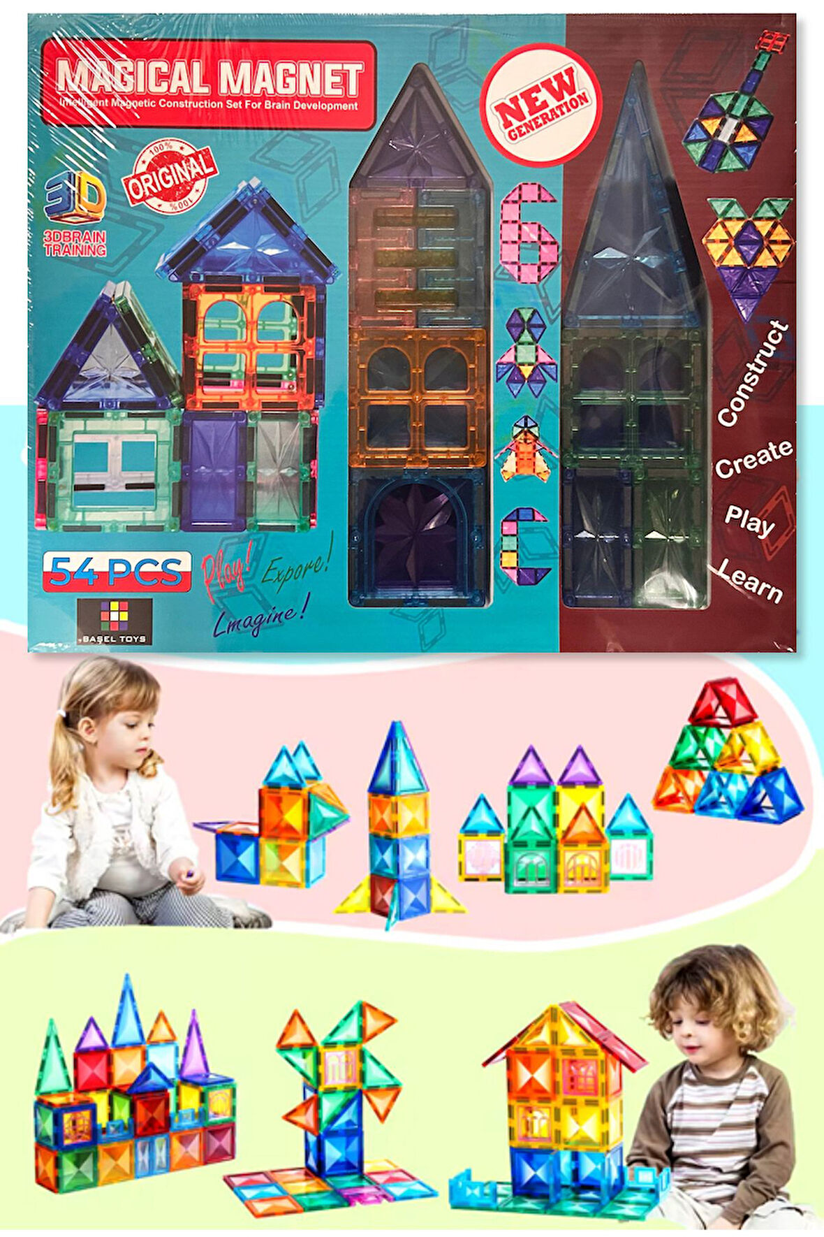 Magnescape Magnetic Tiles Mıknatıslı 3D Yapı Oyuncağı Seti - 54 Parça