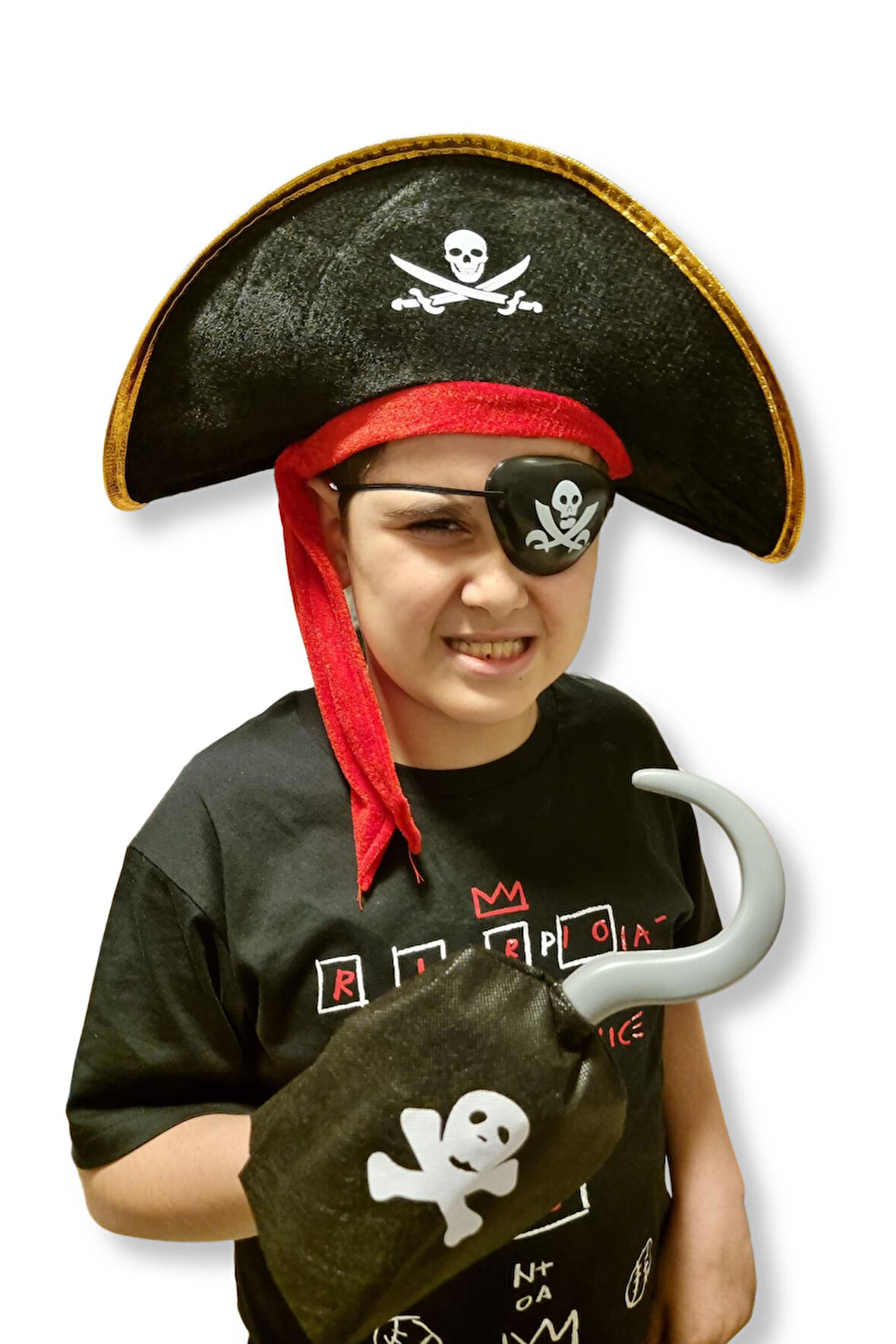 Kaptan Jack Sparrow Şapka - Kanca - Göz Maskesi 3 lü Çocuk Korsan Kostüm Seti