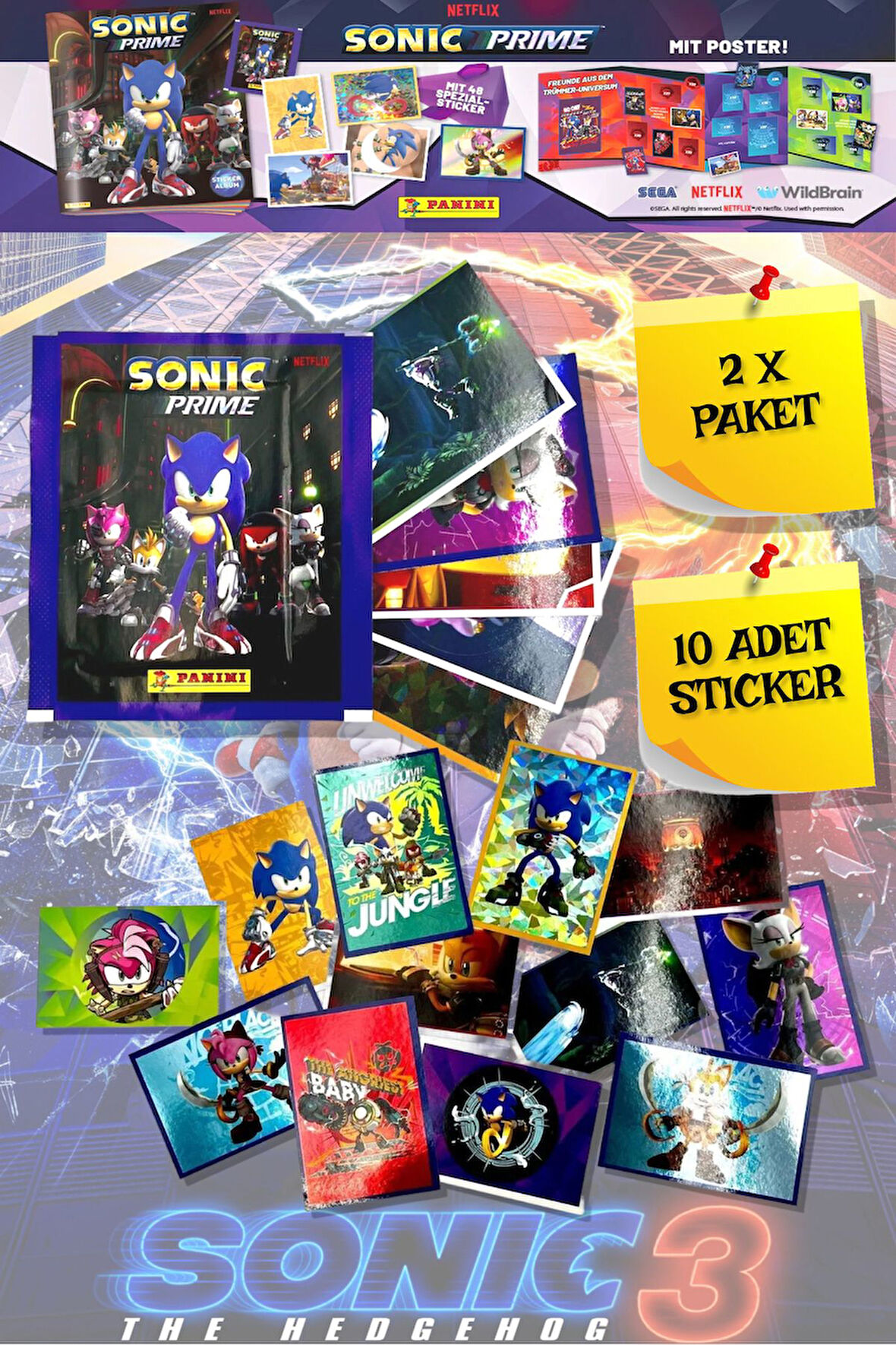 Panini Sonic Prime The Hedgehog Movie - 3 Filmi Sticker Çıkartma - 2 Paket ( 10 Adet Sticker )