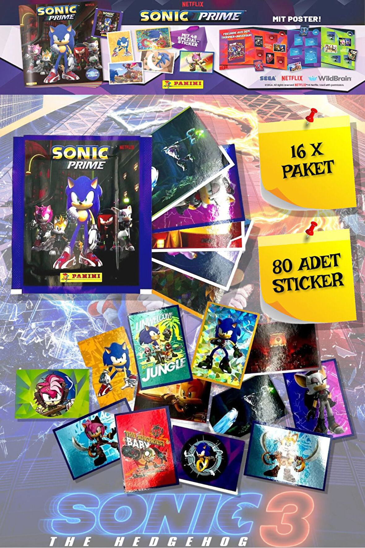 Panini Sonic Prime The Hedgehog Movie - 3 Filmi Sticker Çıkartma - 16 Paket ( 80 Adet Sticker )