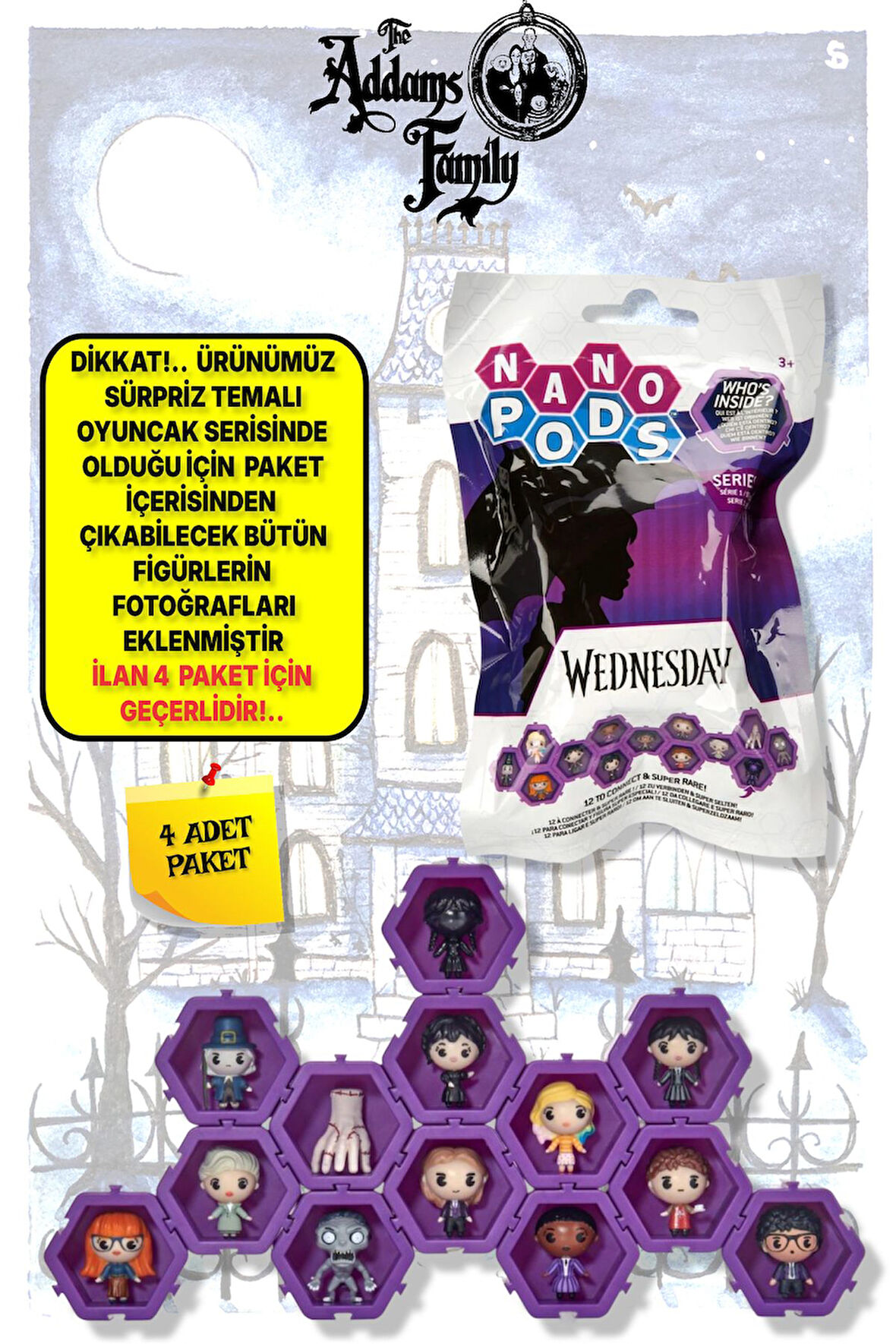 WIB The Addams Family - Addams Ailesi Wednesday Nano Pods Blind Bag Sürpriz Figür - 4 ADET