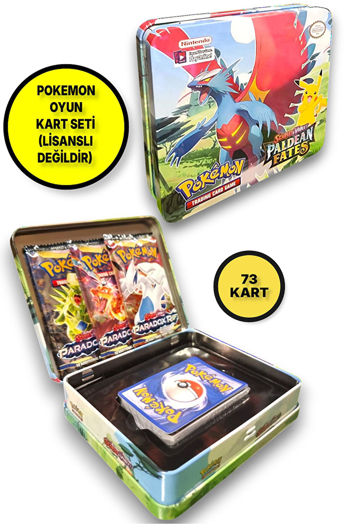 Pokemon Scarlet &Violet Paldean Fates Tin Box TCG Metal Kutulu Lisanssız Pokemon Kart Seti