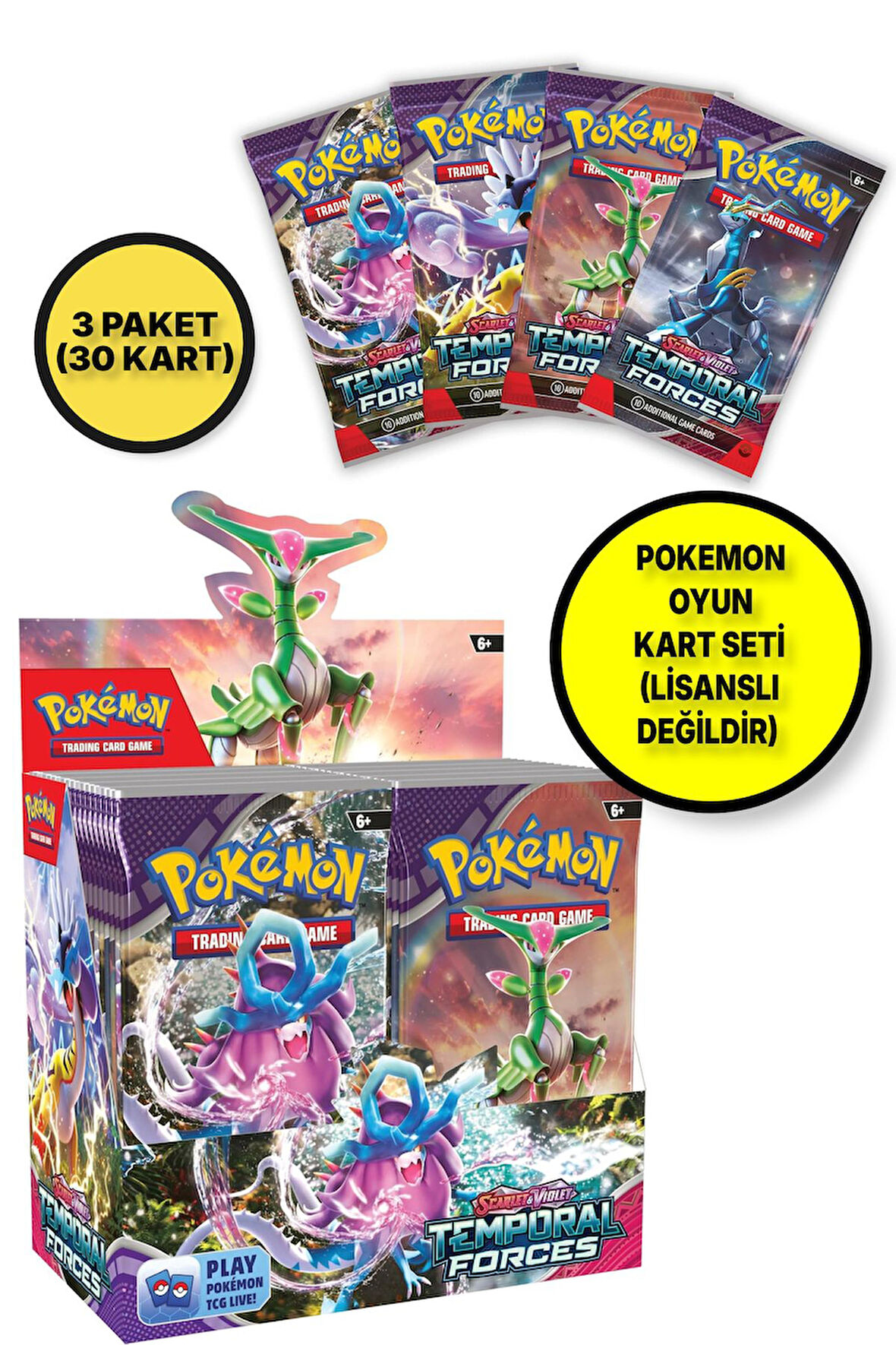 Pokemon Oyun Kartı TCG Scarlet & Violet Temporal Forces Lisanssız Booster Pack - 3 Paket (30  KART)
