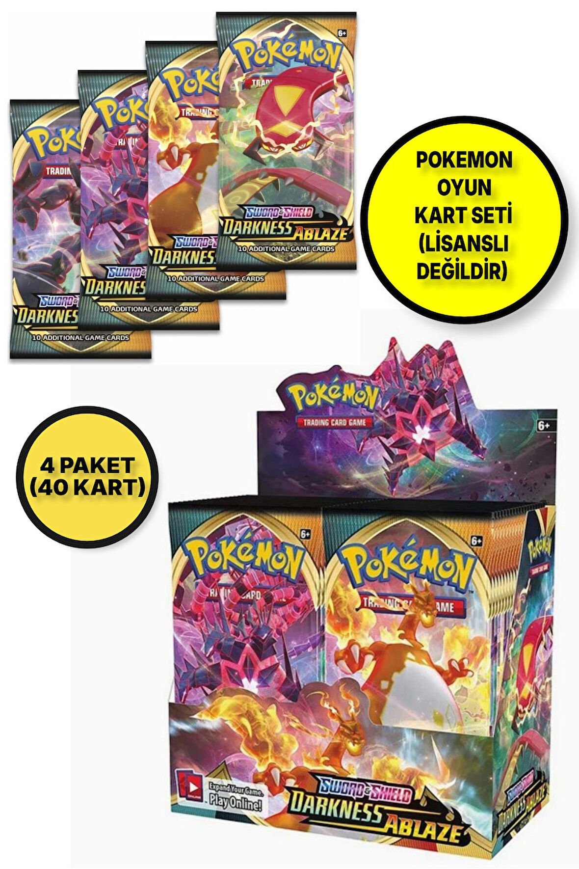 Pokemon Oyun Kartı TCG Sword &Shield Darkness Ablaze Lisanssız Booster Pack - 4 Paket (40 KART)
