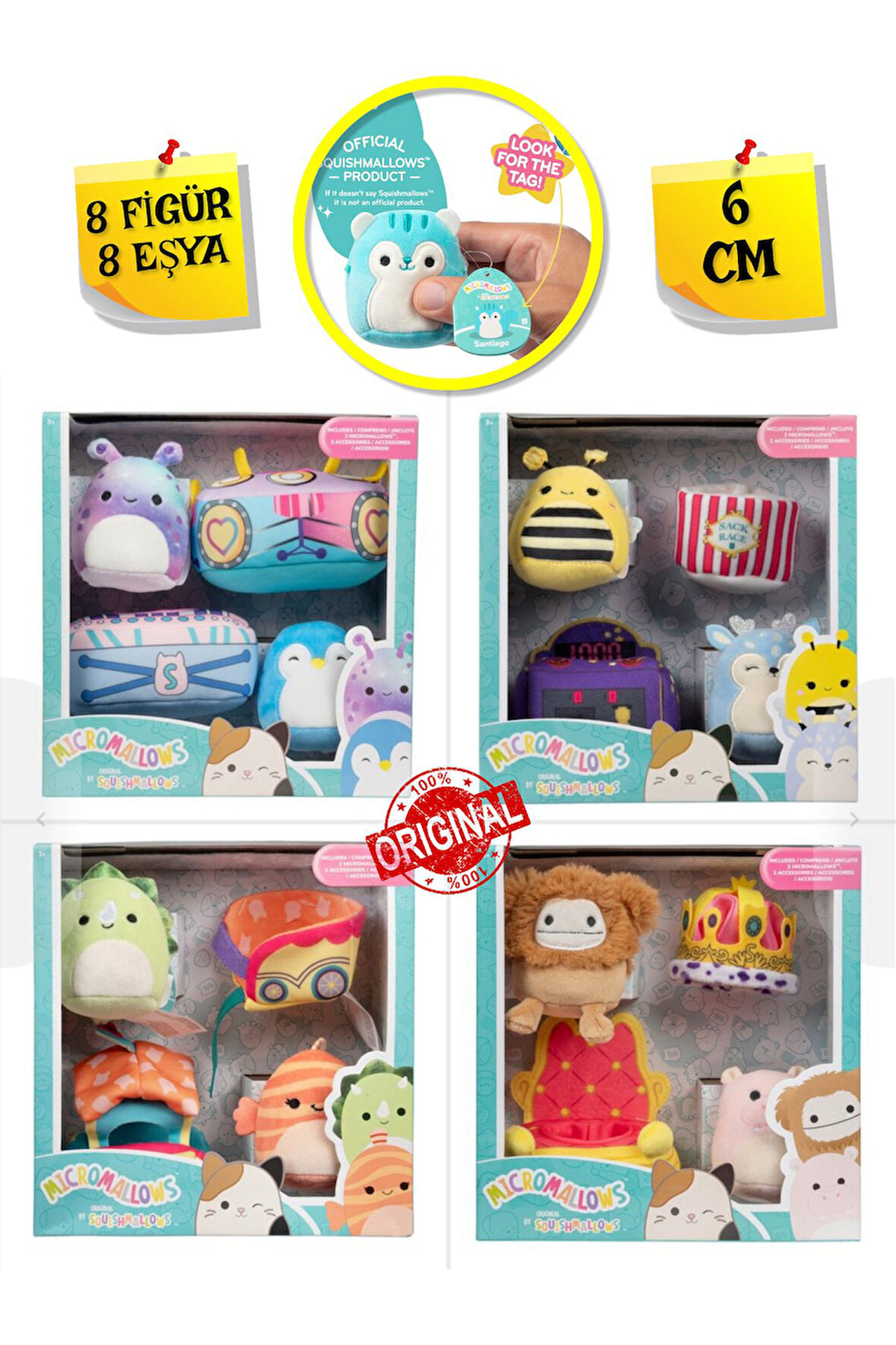 Micromallows Squishmallows Mini Yumuşak Peluş Oyuncak 8 Figür + 8 Aksesuar Figür Seti - 6 CM