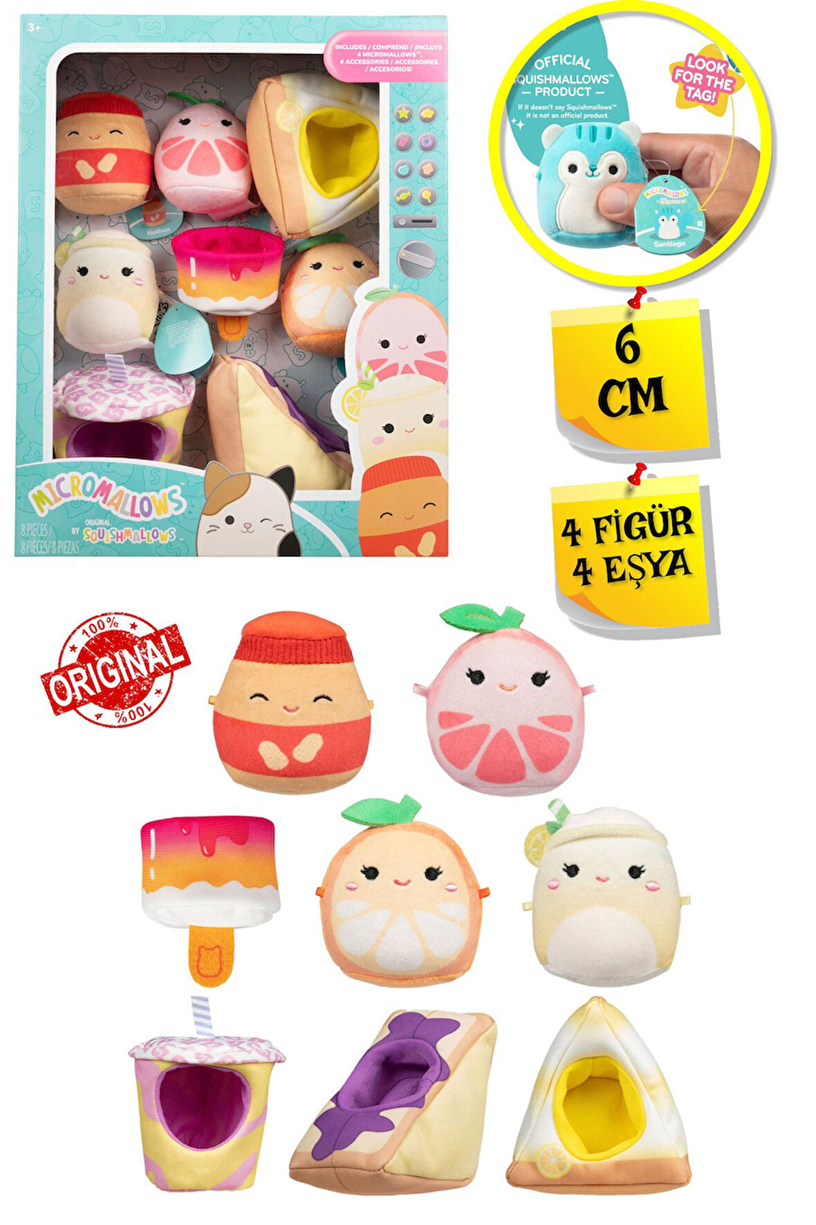 Micromallows Squishmallows Mini Yumuşak Peluş Oyuncak 4 Figür + 4 Aksesuar Figür Seti - 6 CM