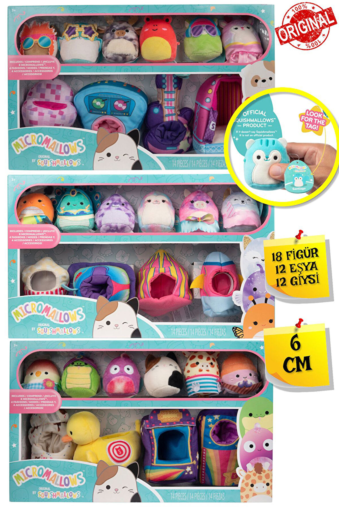 Micromallows Squishmallows Mini Peluş Oyuncak 18 Figür + 12 Aks. + 12 Giysi Figür Seti - 6 CM