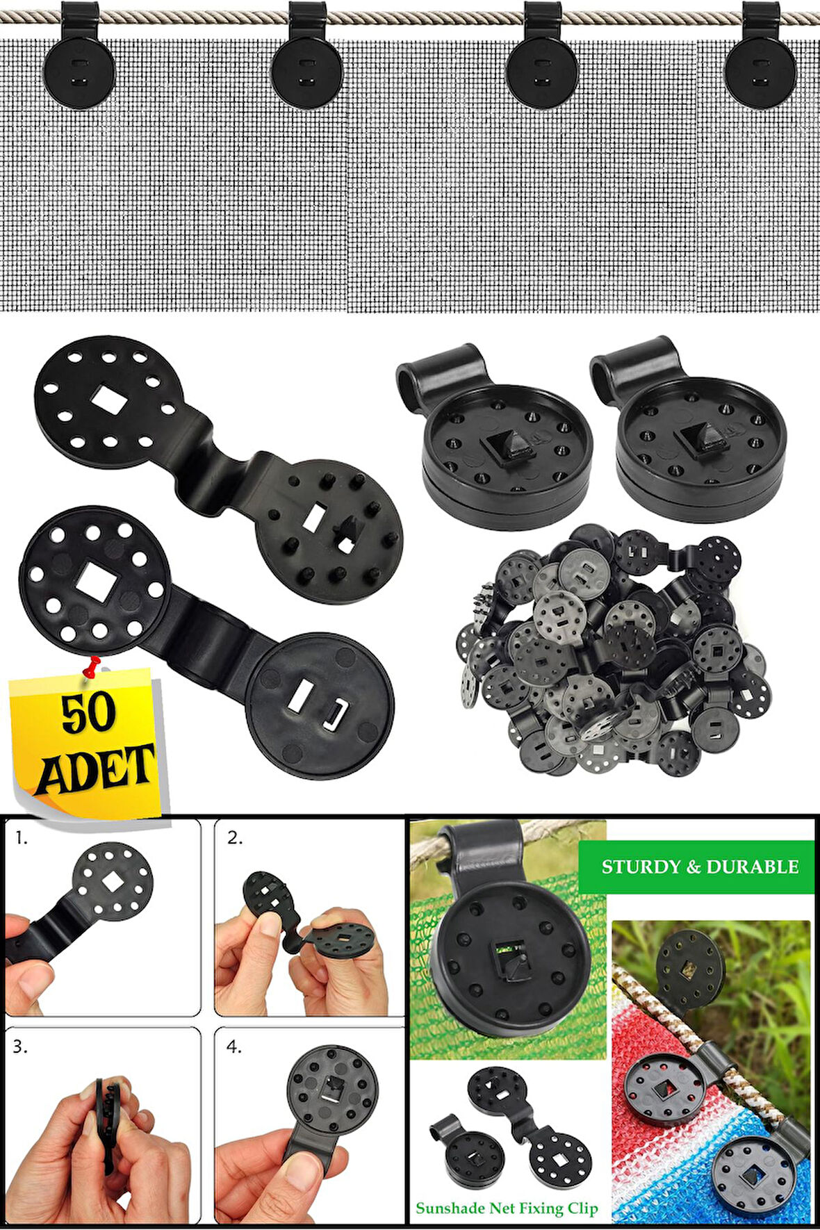 50'li Branda File Güneşlik Çadır Muşamba Gölgelik Balkon Örtüsü Sabitleme Klipsi Kilit Aparatı
