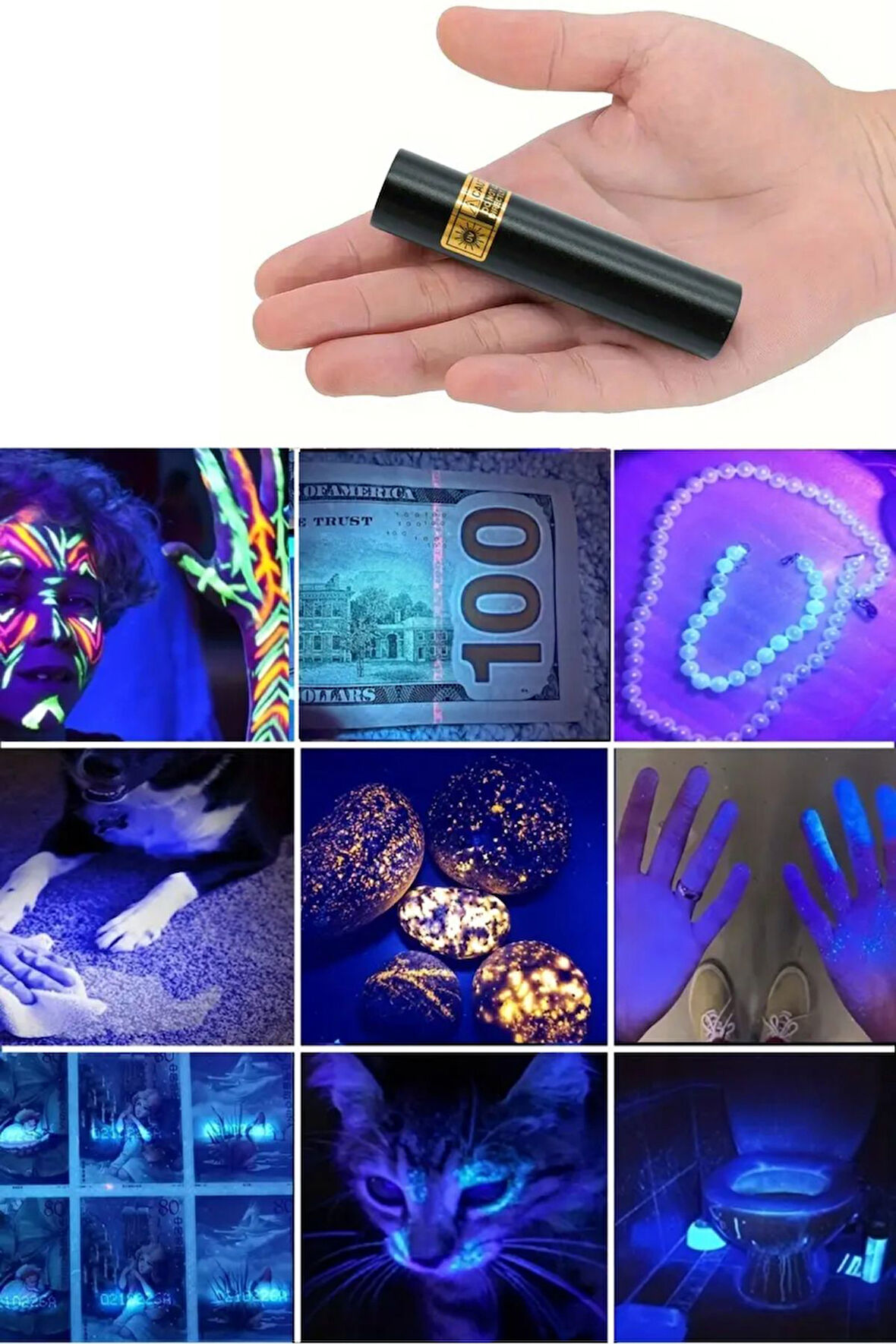 Mini LED UV Mor Işık El Feneri USB Şarjlı Parazit Akar Toz Gösteren Oje Kurutucu Para Kontol Cihazı