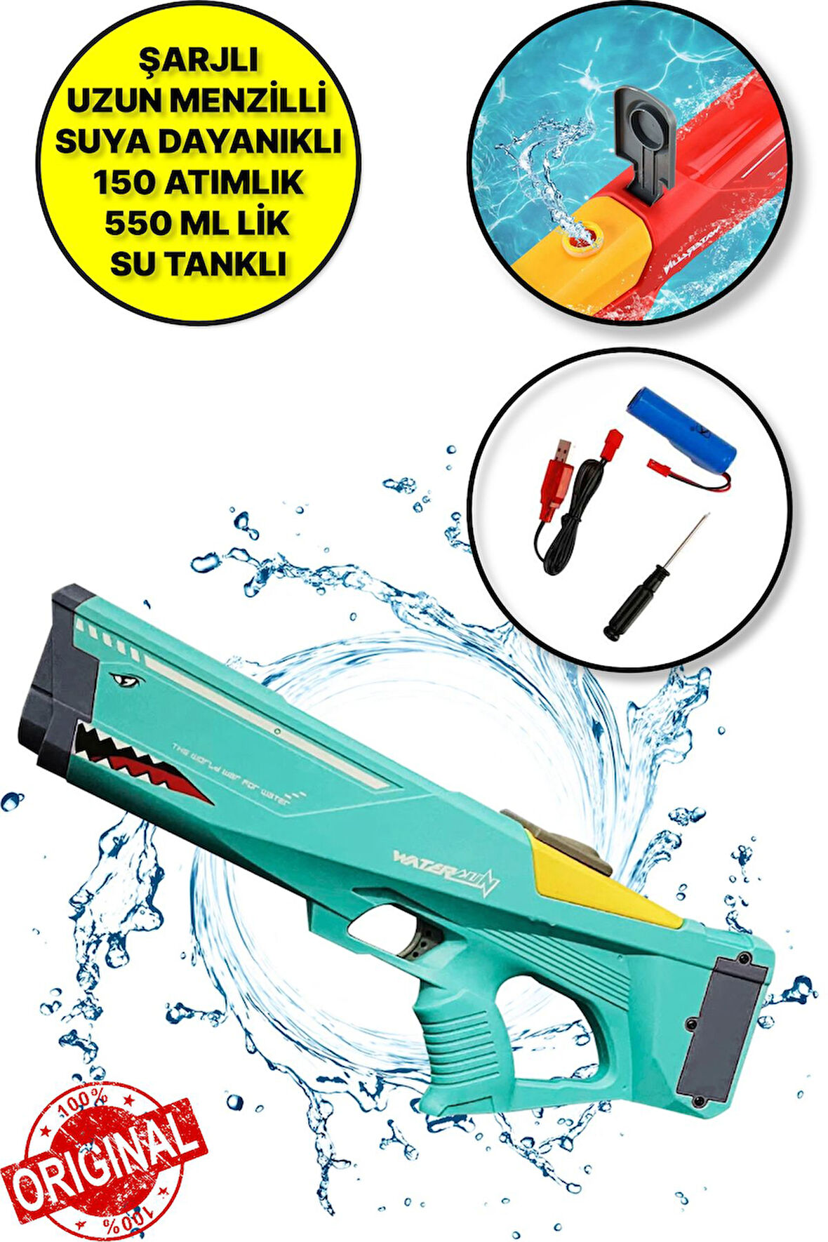 USB ile Şarj Olabilen 550 ML Su Hazneli Uzun Menzilli Elektronik Su Tabancası 43 cm - Yeşil