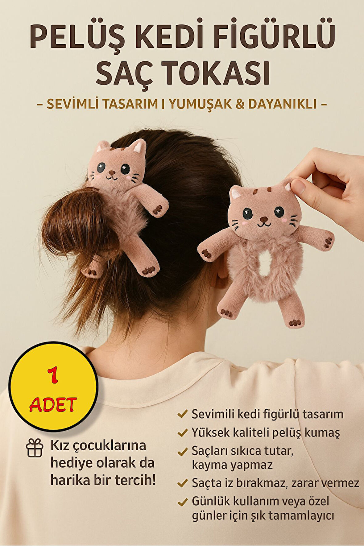 1 ADET - Sevimli Pelüş Kedi Figürlü Saç Tokası – Tatlı ve Eğlenceli Tasarım - 1 ADET