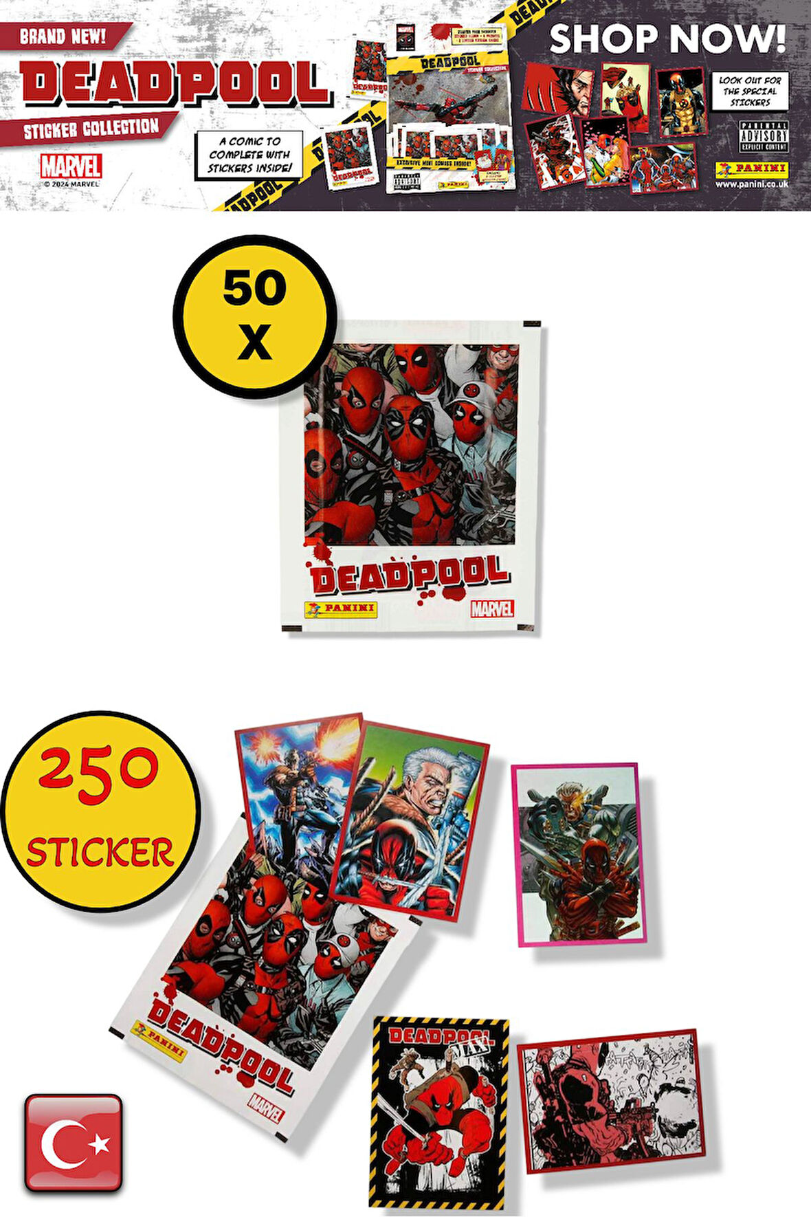 50 PAKET - Marvel Deadpool Çıkartma Paketi | Panini Lisanslı Ürün ( 250 STICKER )