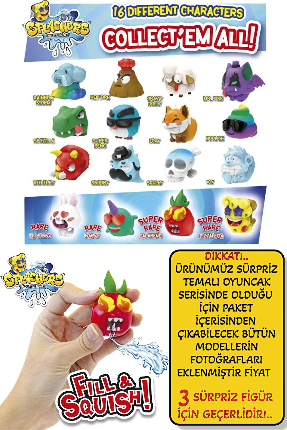 3 ADET Sürpriz Splashers Fill & Squish! Sıkımlık Stress Giderici Yumuşak Mini Su Tabancası