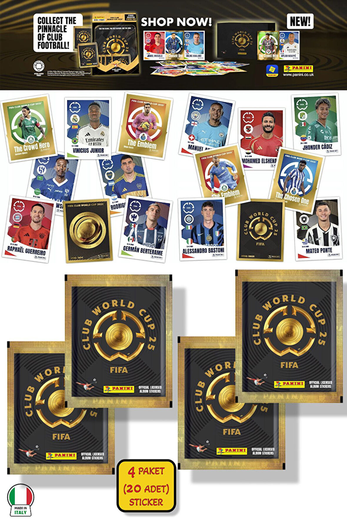 4 PAKET (20 STICKER) Panini America Club World Cup 2025 Albüm Major Futbol Klüplerler Dünya Kupası