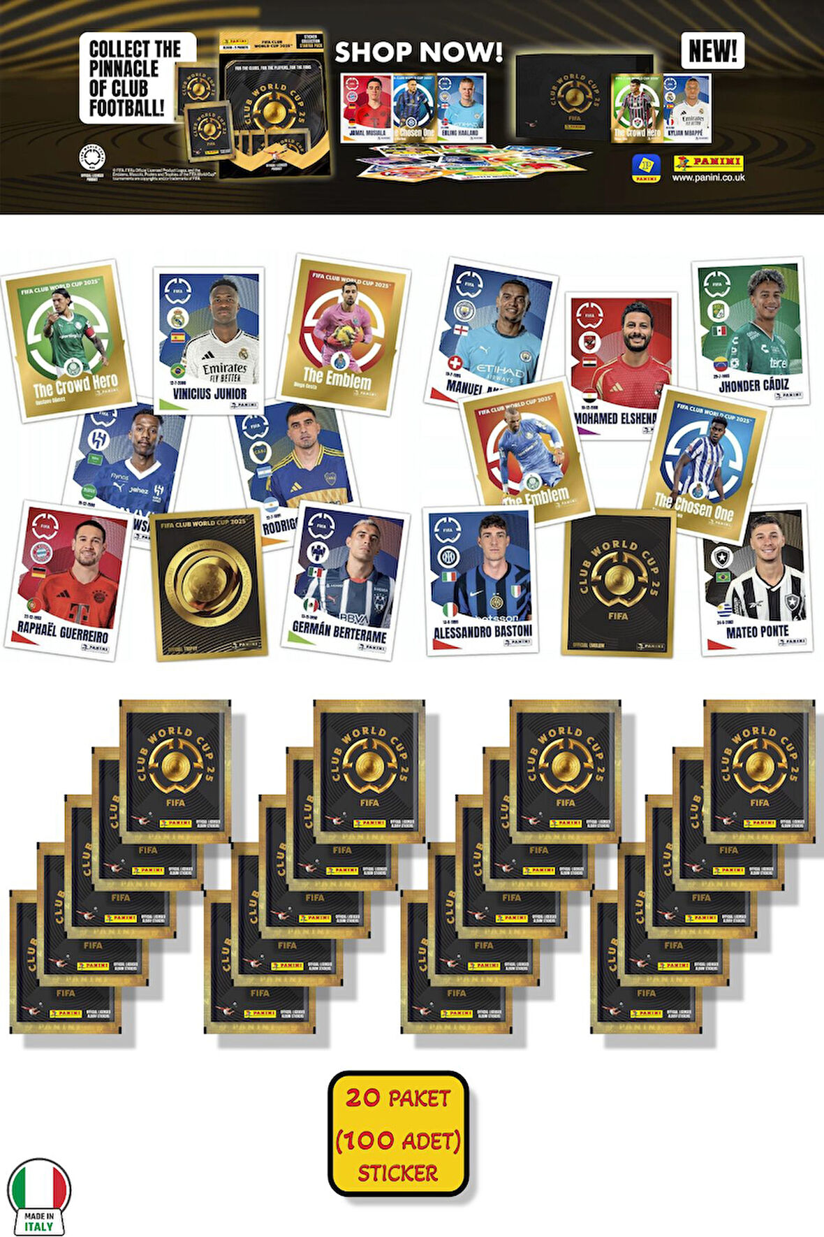 20 PAKET (100 STICKER) Panini America Club World Cup 2025 Albüm Major Futbol Klüplerler Dünya Kupası