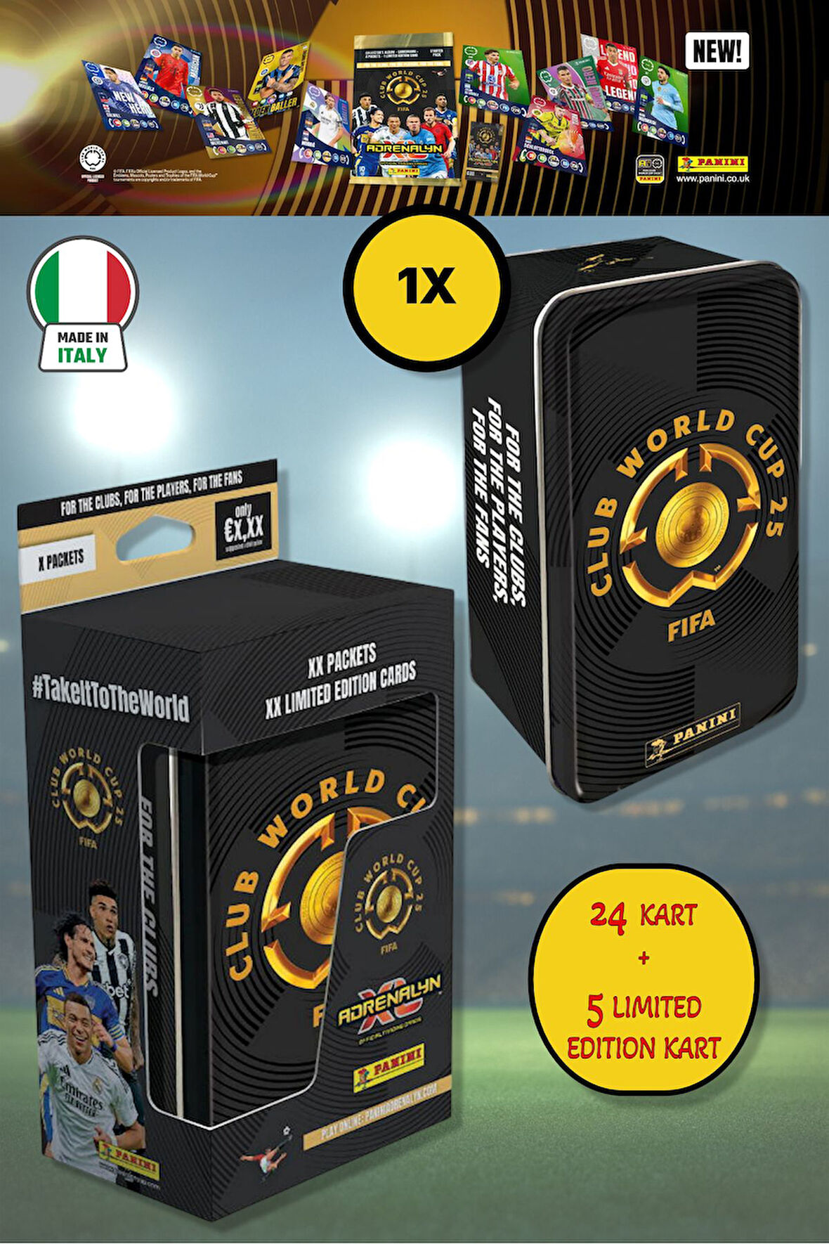 Panini Club World Cup 25 Futbolcu Kartları Tin Box Metal Kutu (24 Kart + 5 Limited Edition Kart)