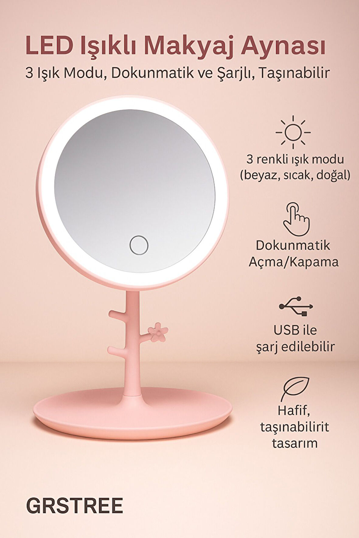 LED Işıklı Makyaj Aynası - 3 Işık Modu, Dokunmatik ve Şarjlı, Taşınabilir