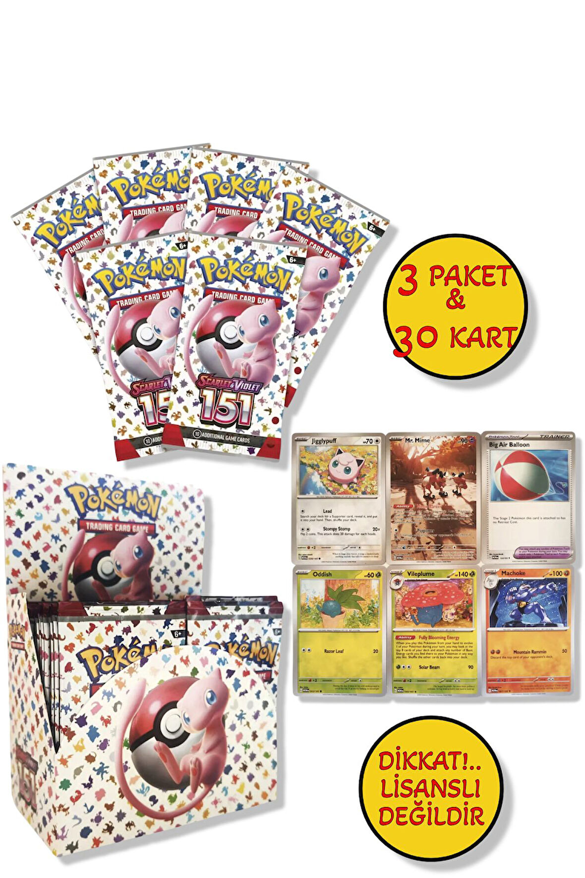 3 Paket (30 KART) Lisanssız Pokemon Oyun Kartı Tcg Scarlet & Violet 151 Booster Pack