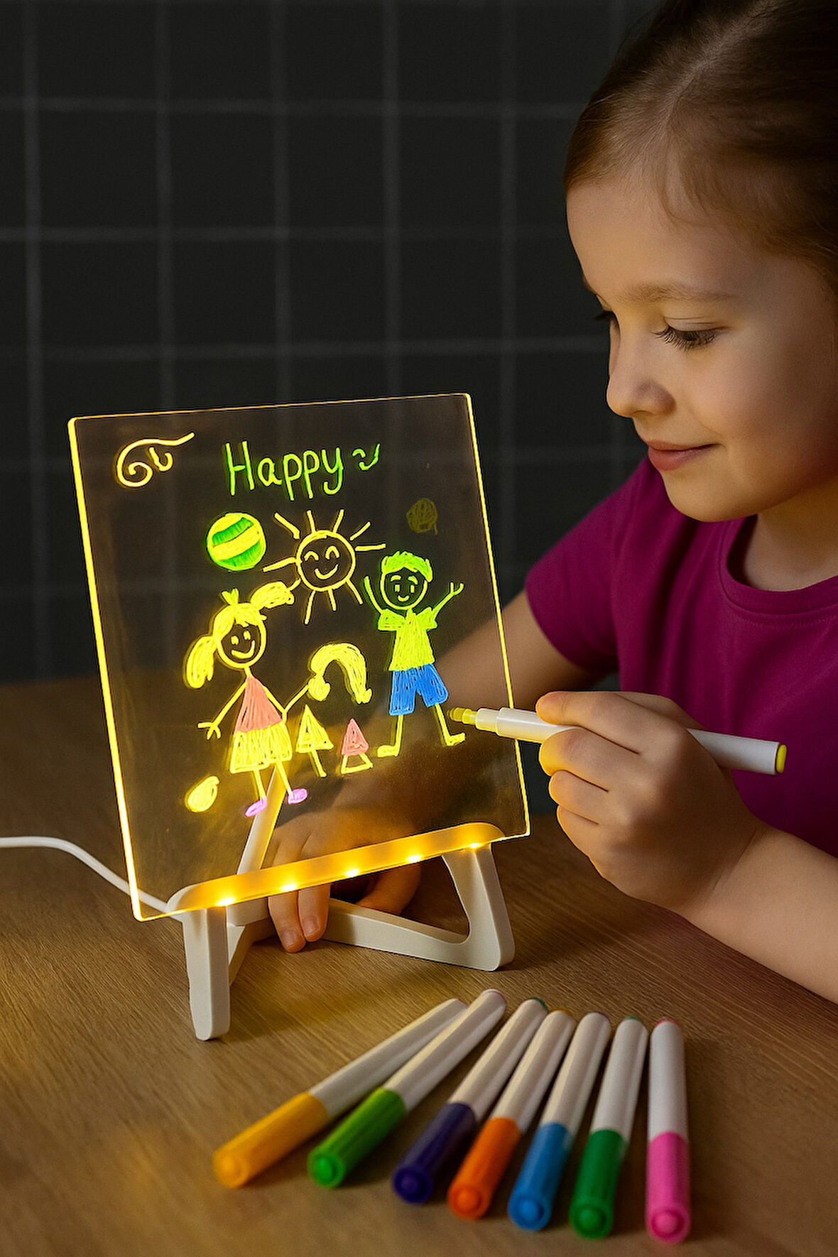 LED Işıklı Renkli Yazı Panosu 20x20 cm | Fosforlu Kalemli Not ve Mesaj Tahtası