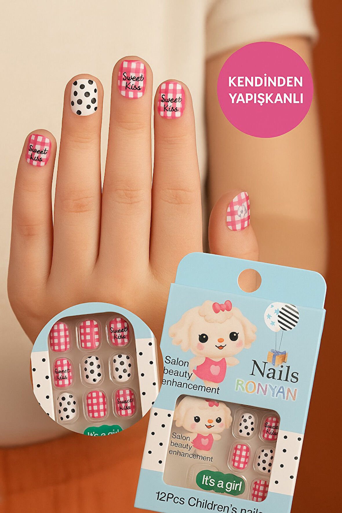 12 li Yapışkan Stickerlı Renkli Baskılı Çocuk Takma Tırnak Oyuncak Seti - 5- 14 Yaş Arası - Model 51