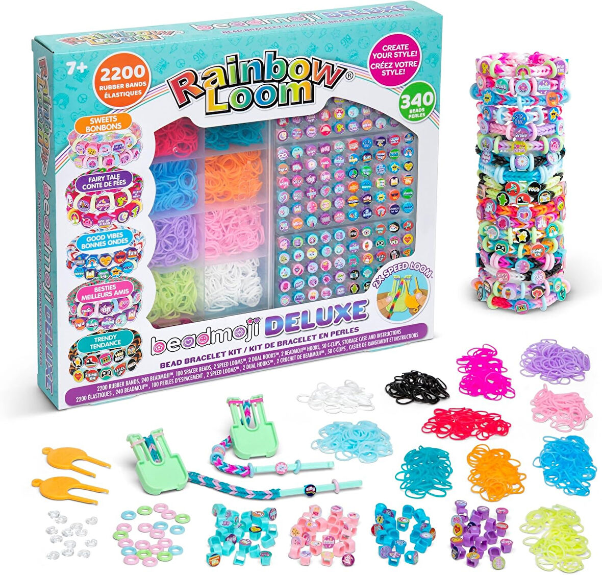 Rainbow Loom Beadmoji Deluxe Set - 2200 Renkli Lastik & 340 Emoji Boncuk, Hızlı Tezgah Dahil