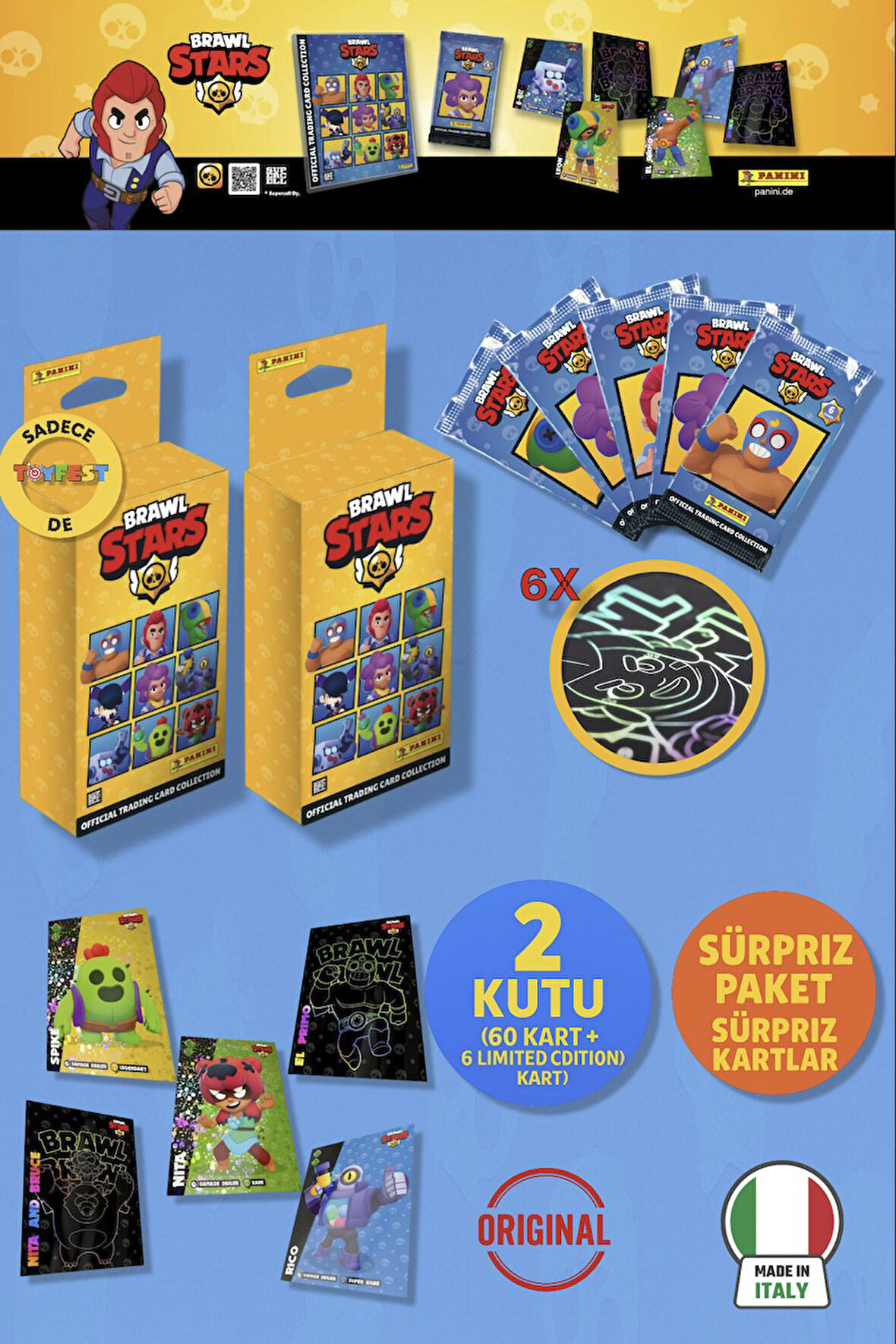 Brawl Stars Panini Resmi Kart Kutusu: 2 Kutu (60 Kart + 6 Limited Edition Kart)