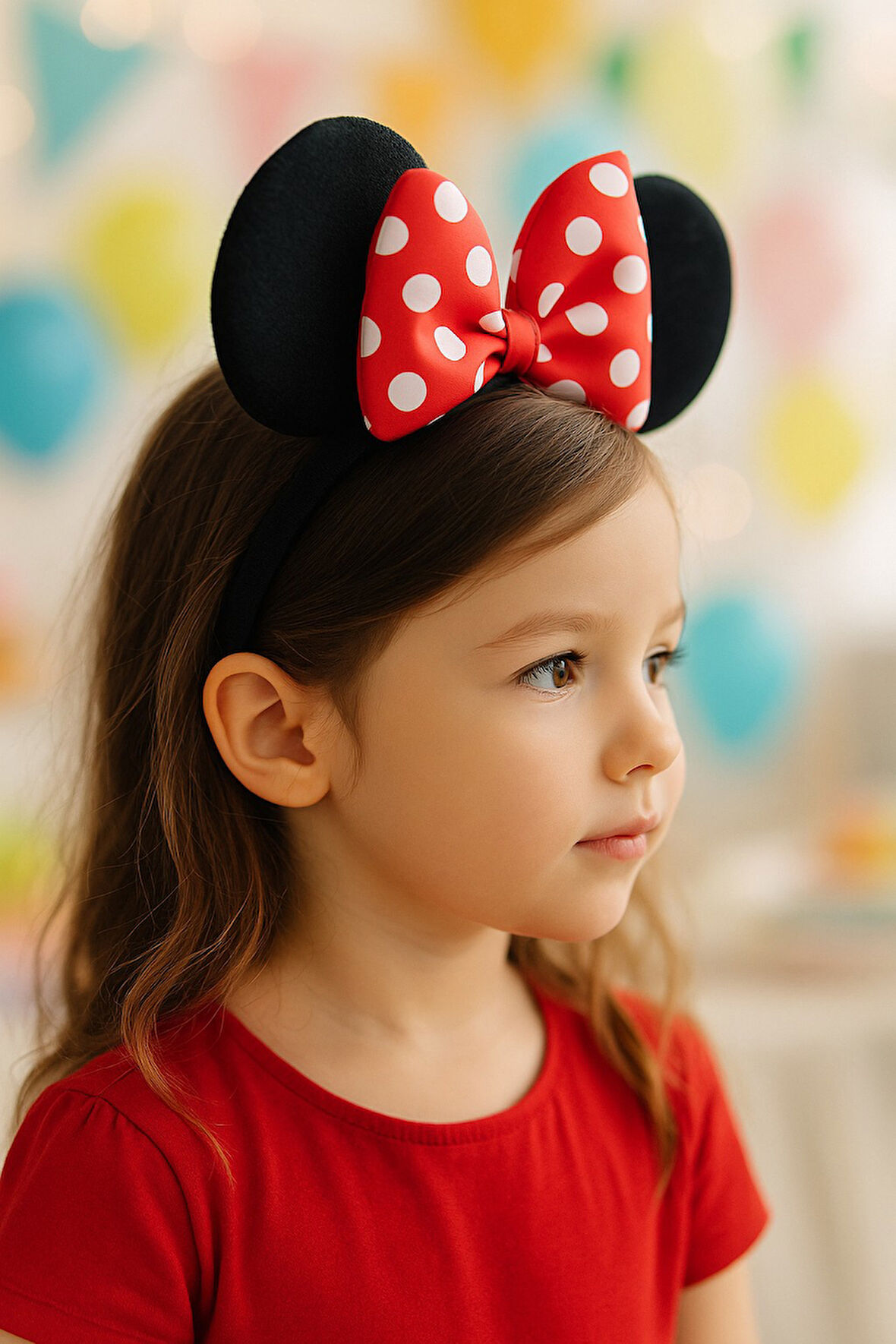 Minnie Mouse Kulaklı Taç – Puantiyeli Kırmızı Fiyonk Partı Kostüm Aksesuarı