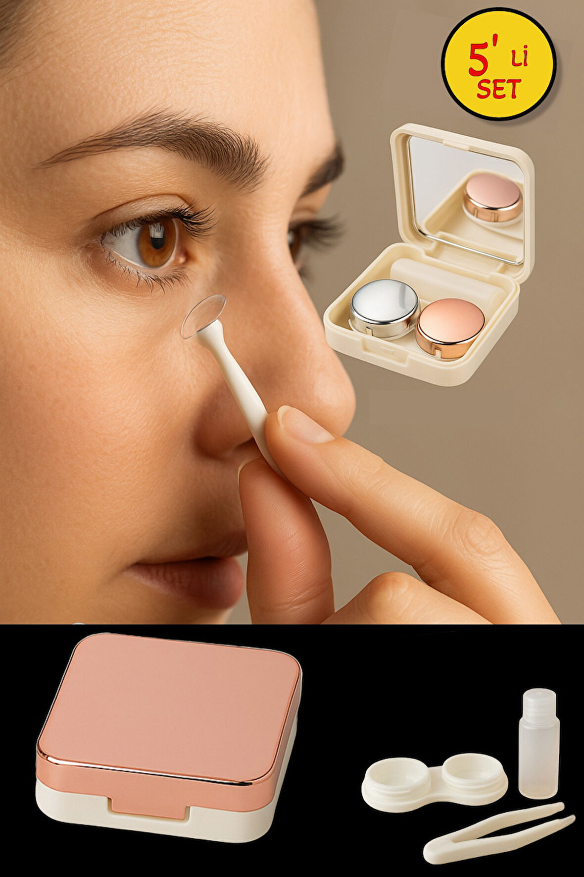 Rose Renkli Taşınabilir Fonksiyonel Seyahat İçin Koruyucu Mini Hijyenik Kontakt Lens Saklama Kutusu