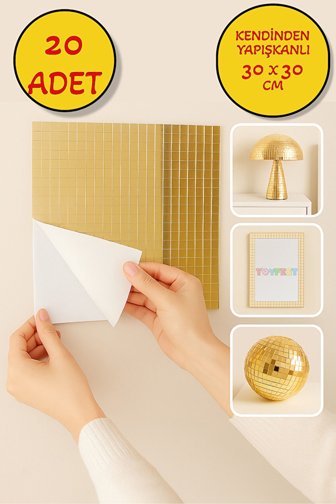 20’li Kendinden Yapışkanlı Gold Ayna Mozaik Disco Sticker Duvar Çerçeve Eşya Dekoratif Kaplama30x30