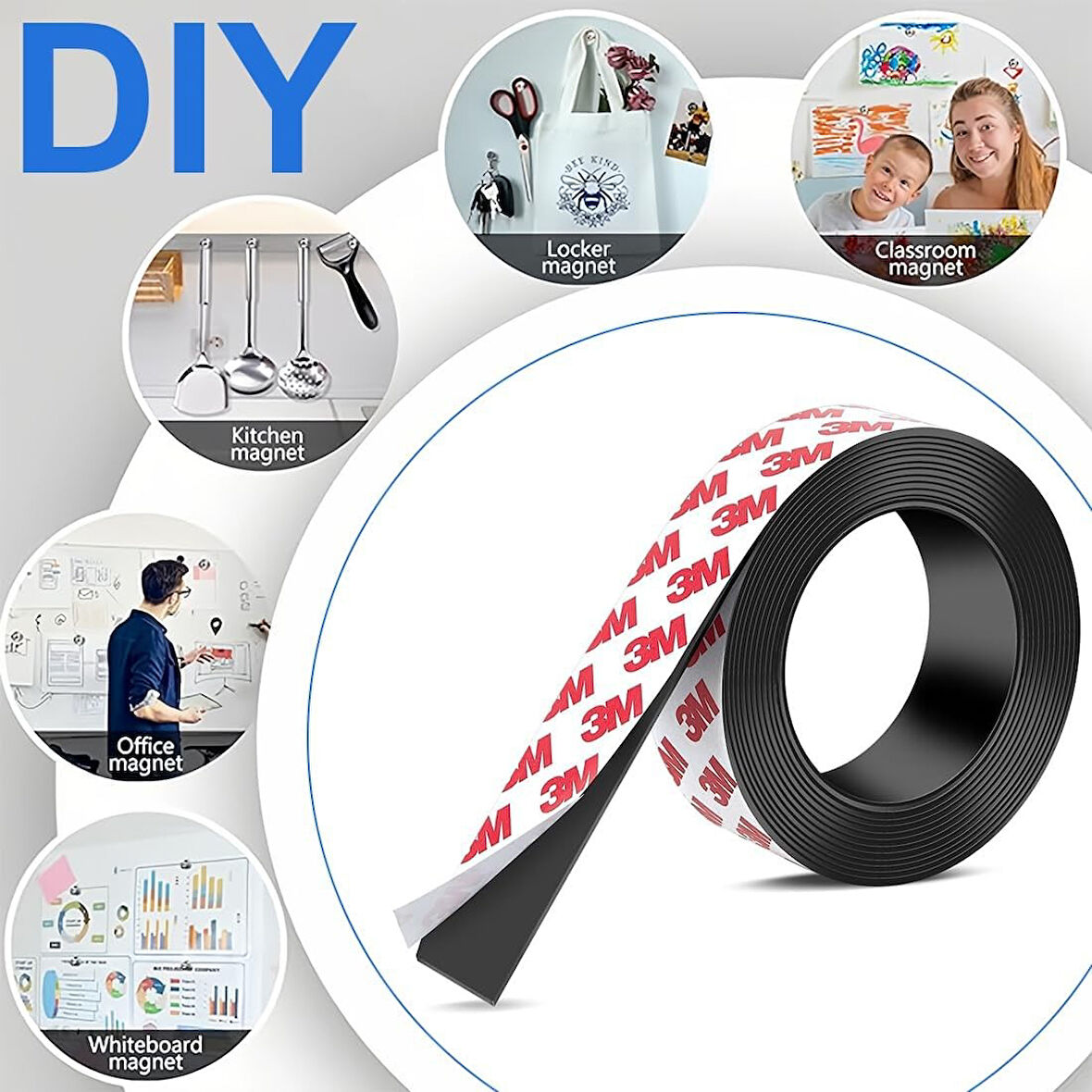 Kendinden Yapışkanlı Manyetik Şerit Bandı Esnek Kolay Kesim Mıknatıslı Güçlü Tutunan Bant 1M X 2 CM