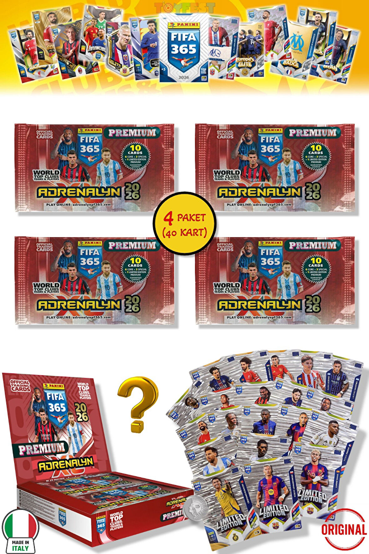 Panini Fifa 2026 Premium 4 Paket - 40 Kart (24 Core 4 Fans 4 Power 4 Jewel 4 Limited Edition)