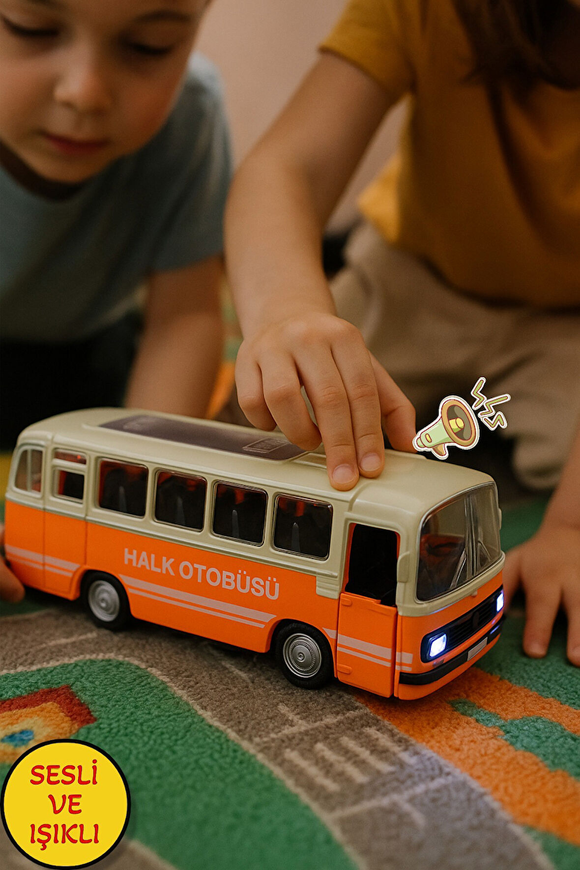 Nostaljik Halk Otobüsü 11 Cm Pilli Sesli Işıklı Kapısı Açılır Yumuşak Tekerlekli - Turuncu