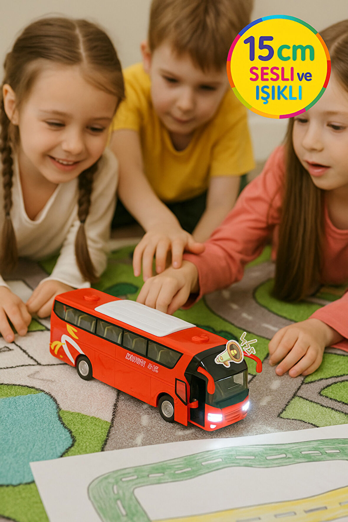 Lüks Işıklı Sesli Kapıları ve Bagajı Açılan Yumuşak Lastikli Tur Tatil Otobüsü 15 cm - Kırmızı