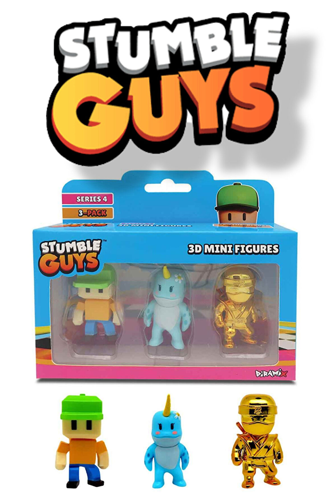 Stumble Guys 3'lü Mini Figür Seri 4 - Pixel Guy - Narwhal - Golden Sensei