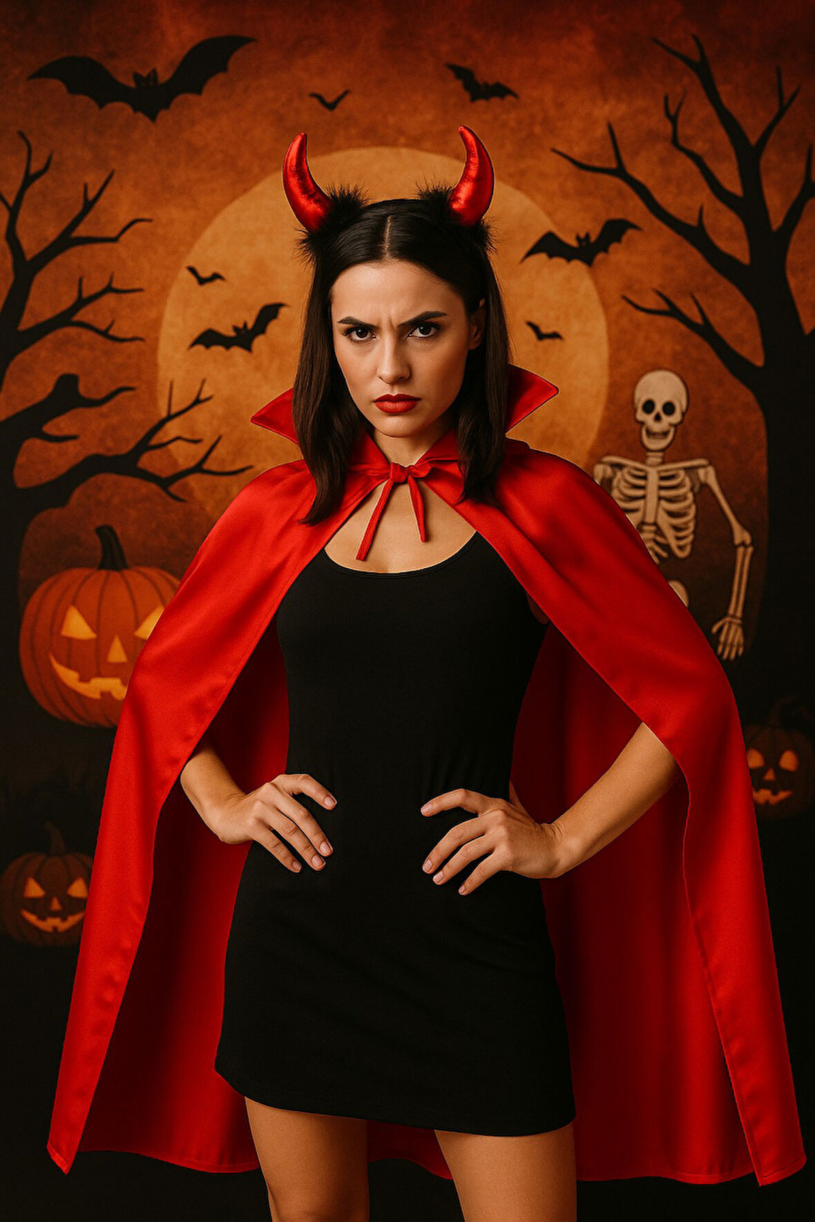 Kırmızı Şeytan Pelerini 120 cm ve Boynuzlu Taç – Halloween Kostüm Seti