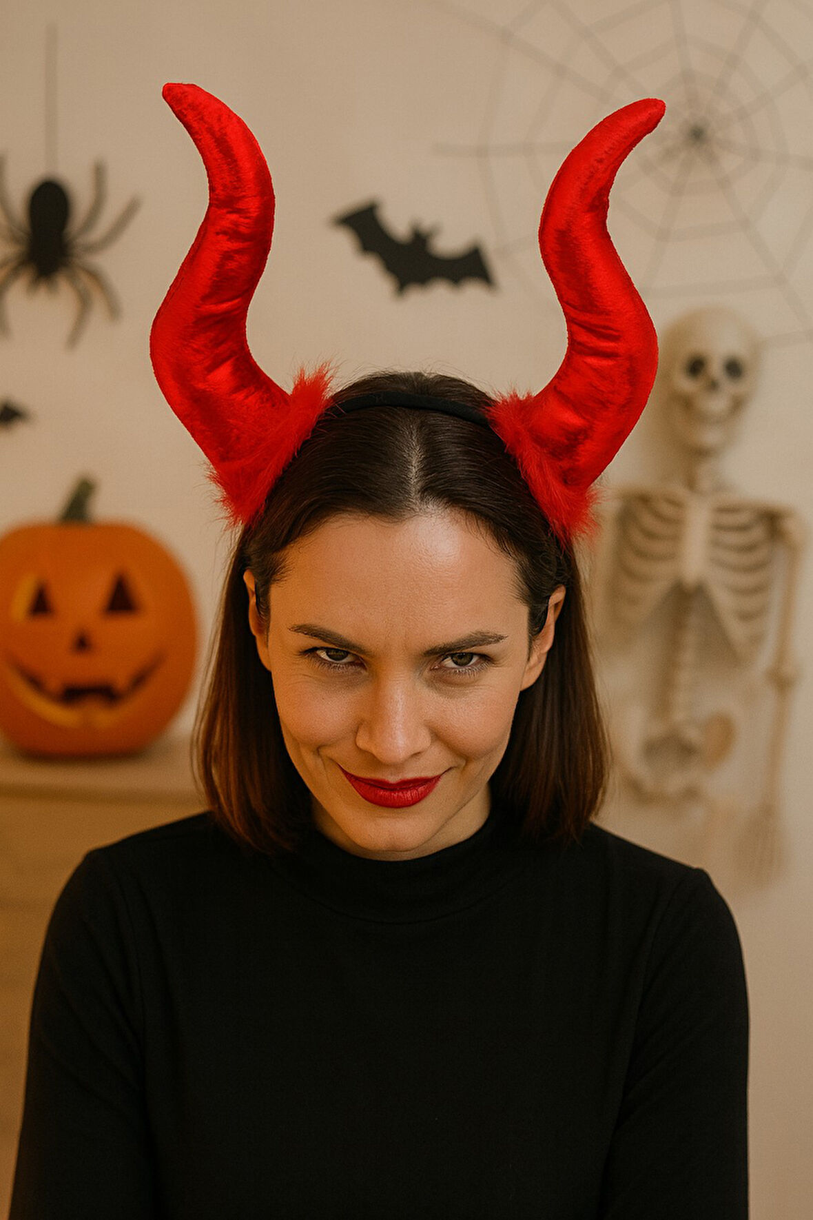 Cadılar Bayramı Malefiz Maleficent Kırmızı Boynuzlu Taç Kostüm Aksesuarı