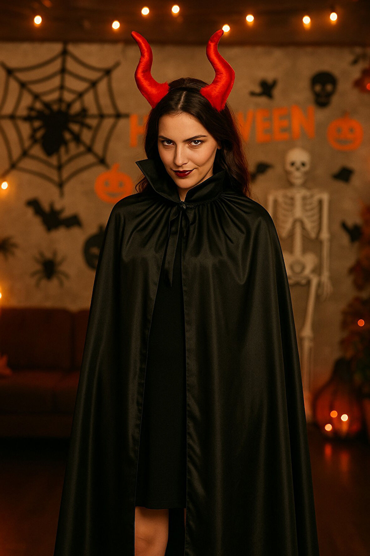 Cadılar Bayramı Kırmızı Boynuzlu Taç ve 120 Cm Siyah Yakalı Pelerin Şeytan Halloween Kostüm Seti