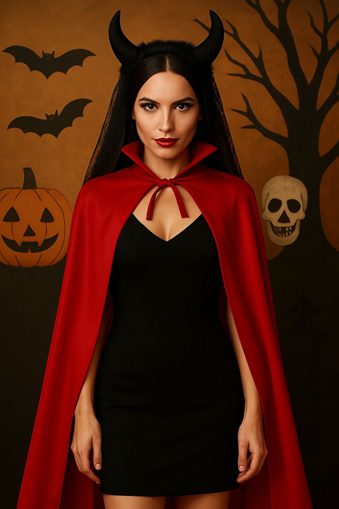 Şeytan Kostüm Seti (Kırmızı Yakalı Pelerin + Dantelli Siyah Boynuzlu Taç) – Cadılar Bayramı Kostümü