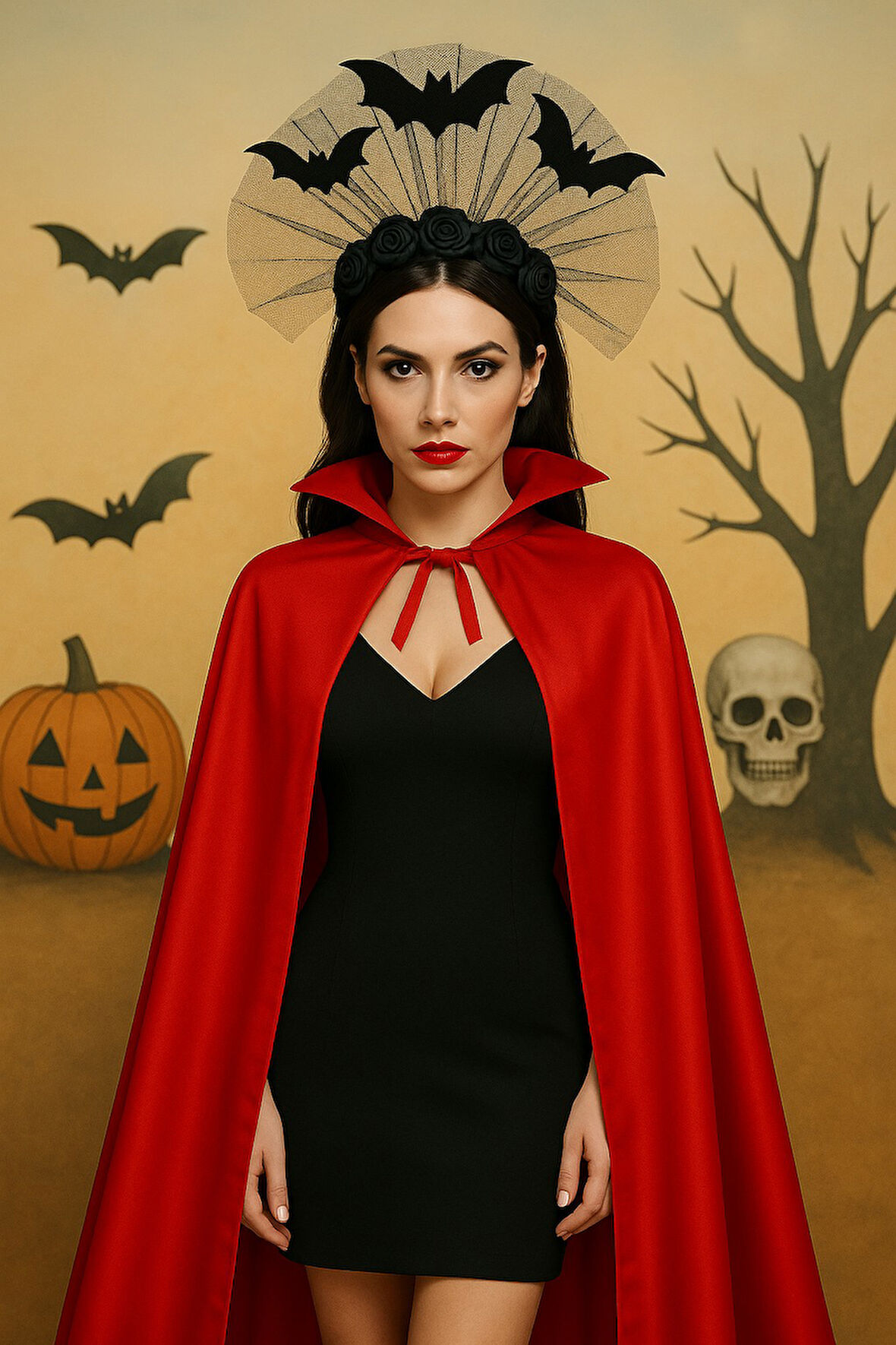 Cadılar Bayramı Kırmızı Pelerin & Yarasalı Siyah Güllü Taç Seti – Şeytani Vampir Kostüm