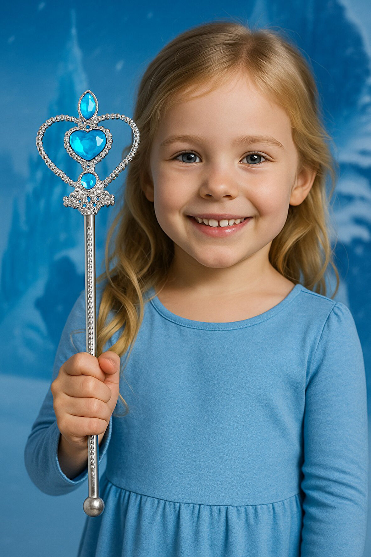 Frozen Elsa Temalı Mavi Kalp Taşlı Sihirli Asa Kız Çocuk Kostüm Aksesuarı - 31 CM