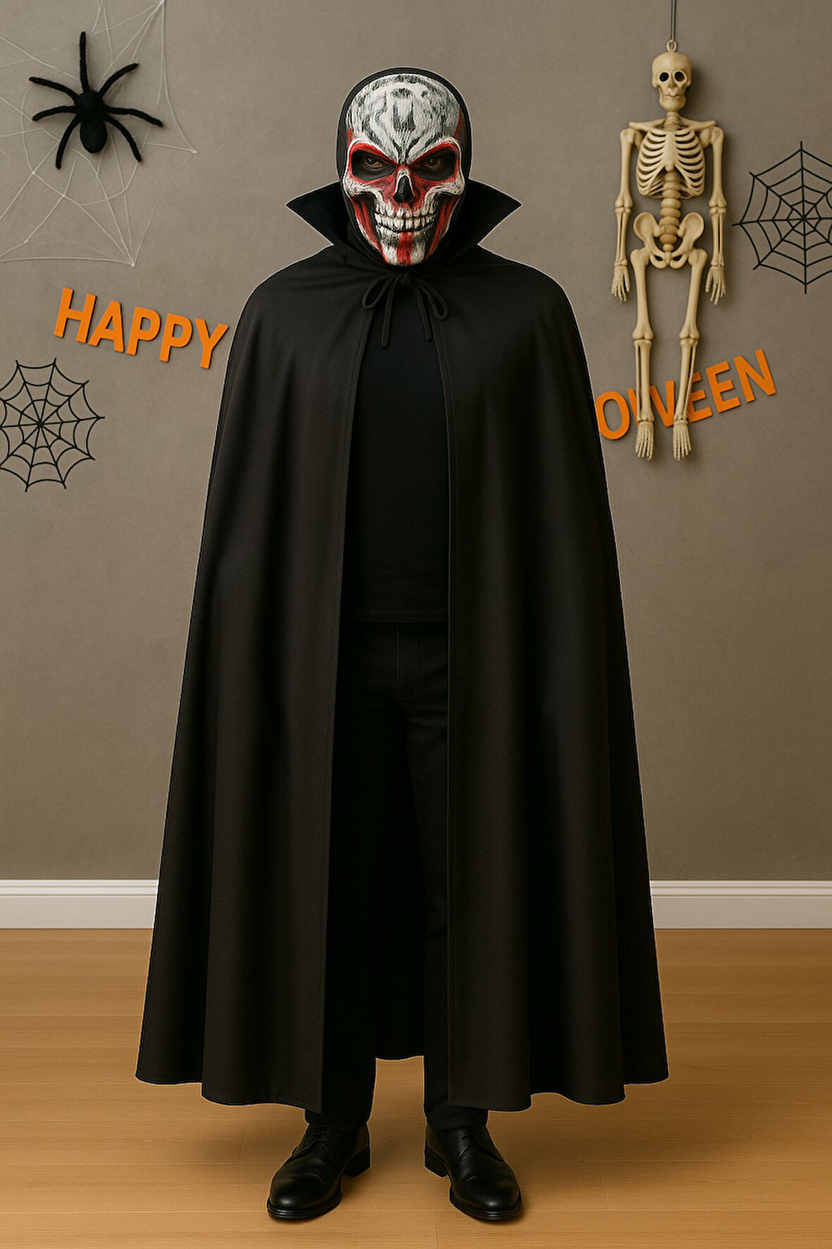 Korkunç Kafatası Maske ve 120 cm Yakalı Siyah Pelerin Seti – Yetişkin Halloween Kostümü