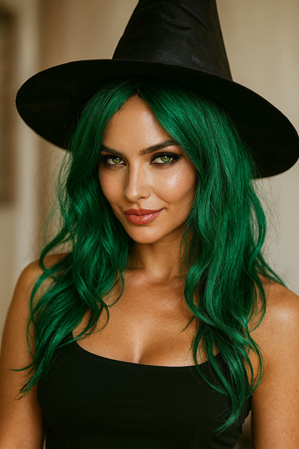 Doğal Yeşil Dalgalı Kadın Peruk ve Siyah Keçe Cadı Şapkası Kostüm Seti